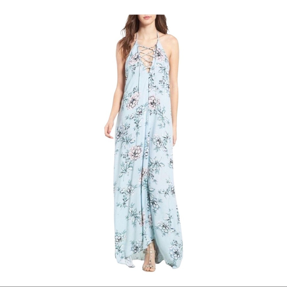 Show Me Your Mumu Logan Lace Up Maxi Dress Bouquet Blue Medium